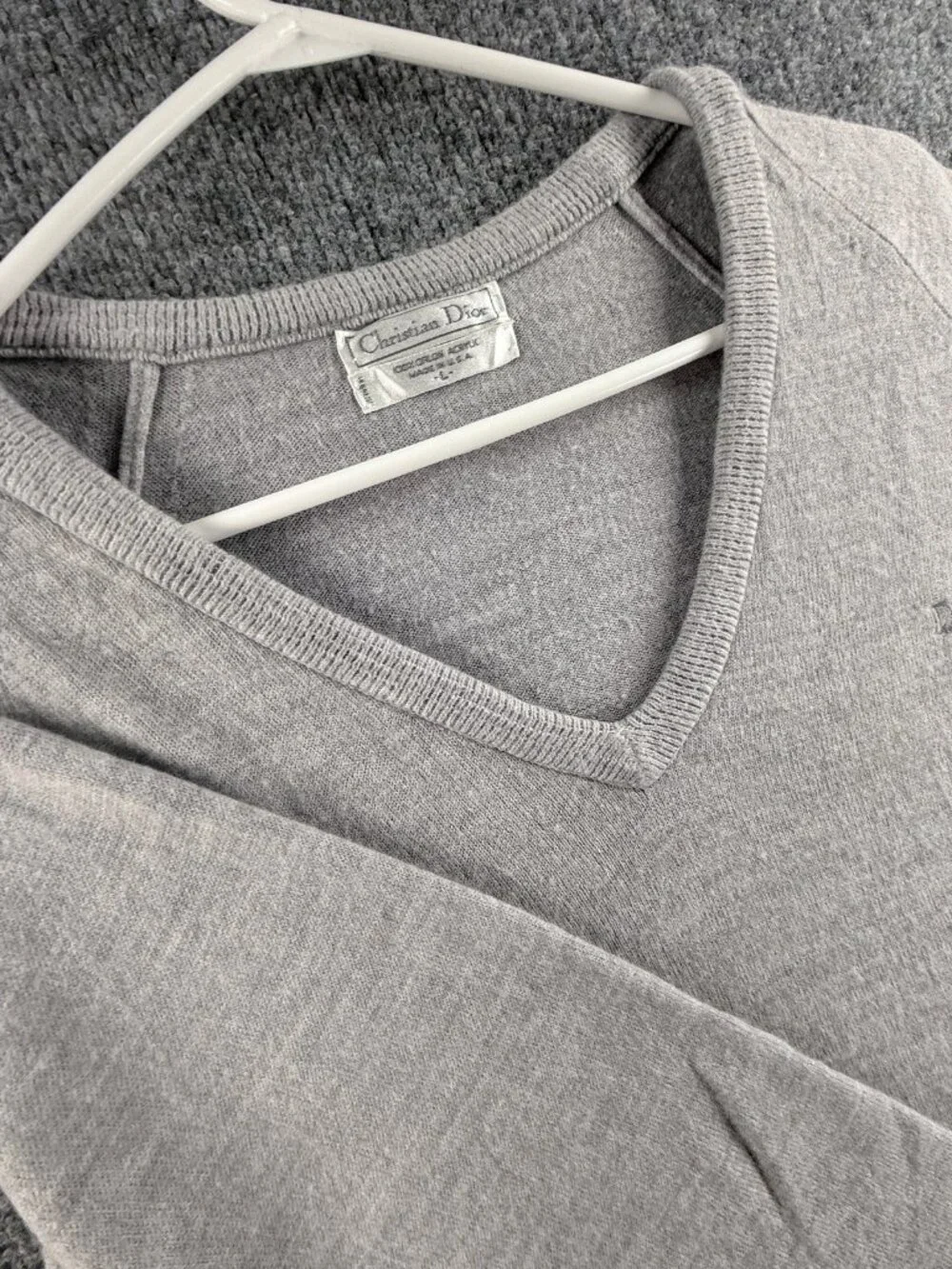 VTG Christian Dior Sweater Large Gray USA Pullover V-Neck Acrylic Logo Mens Knit